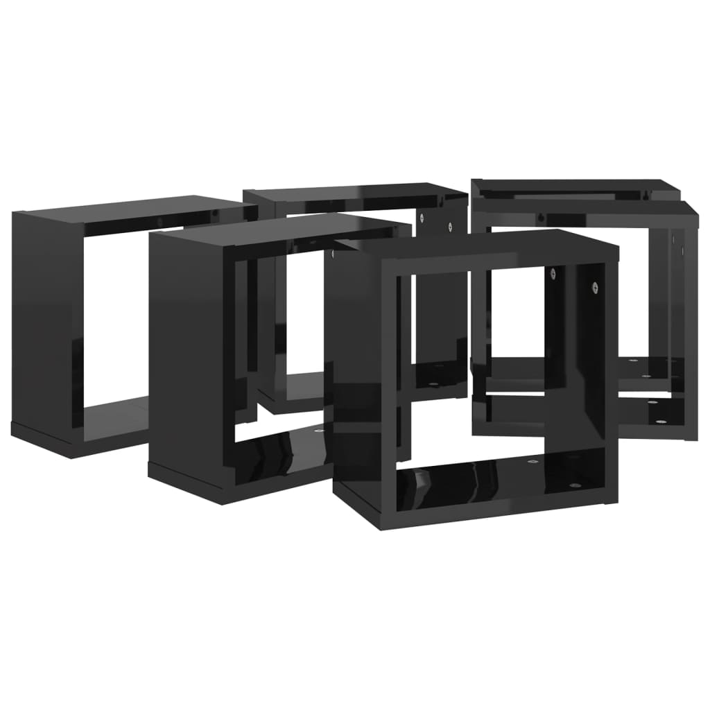 vidaXL Rafturi de perete cub negru extralucios 6 piese 30x15x30 cm