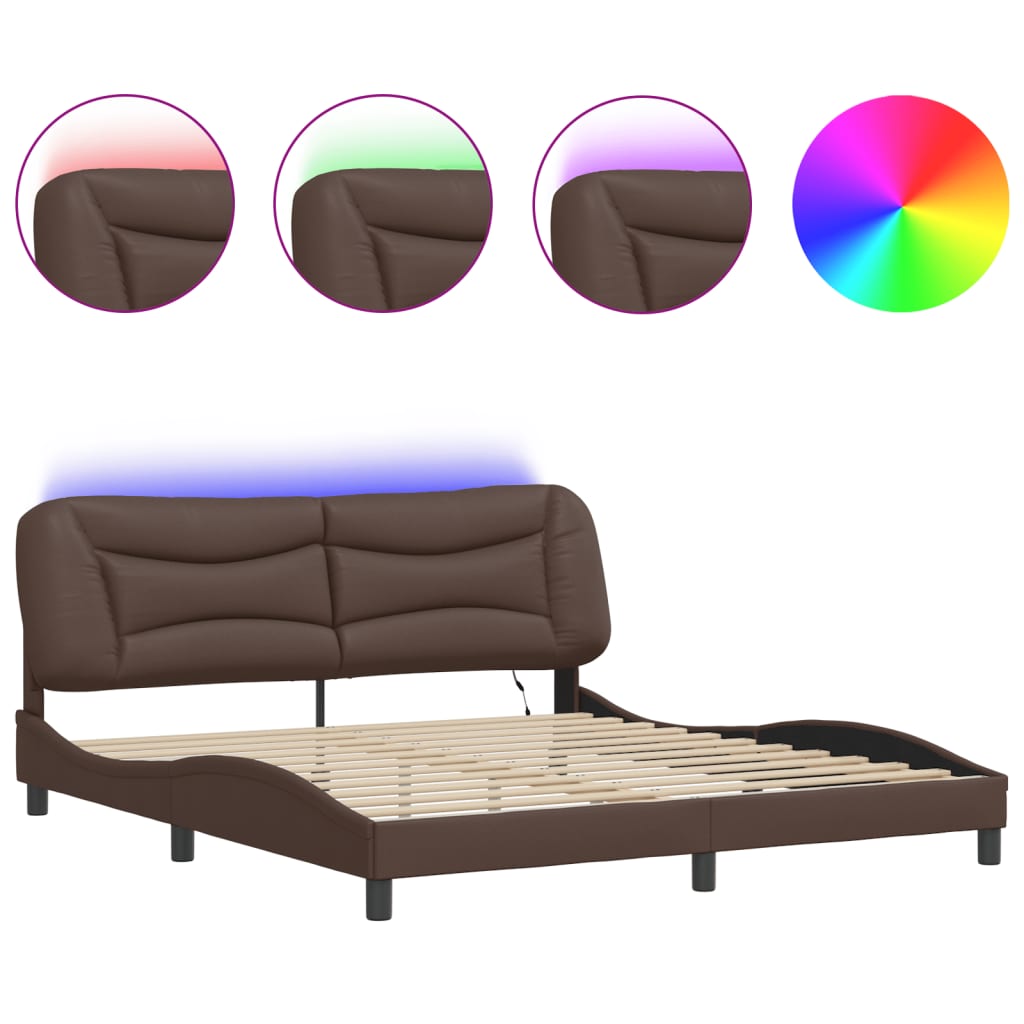vidaXL Cadru de pat cu lumini LED, maro, 180x200 cm, piele ecologică