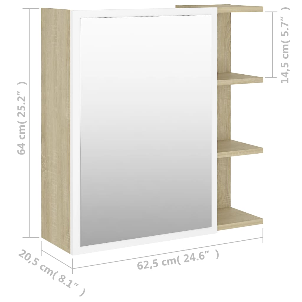 vidaXL Dulap baie cu oglindă, alb/stejar Sonoma, 62,5x20,5x64 cm PAL