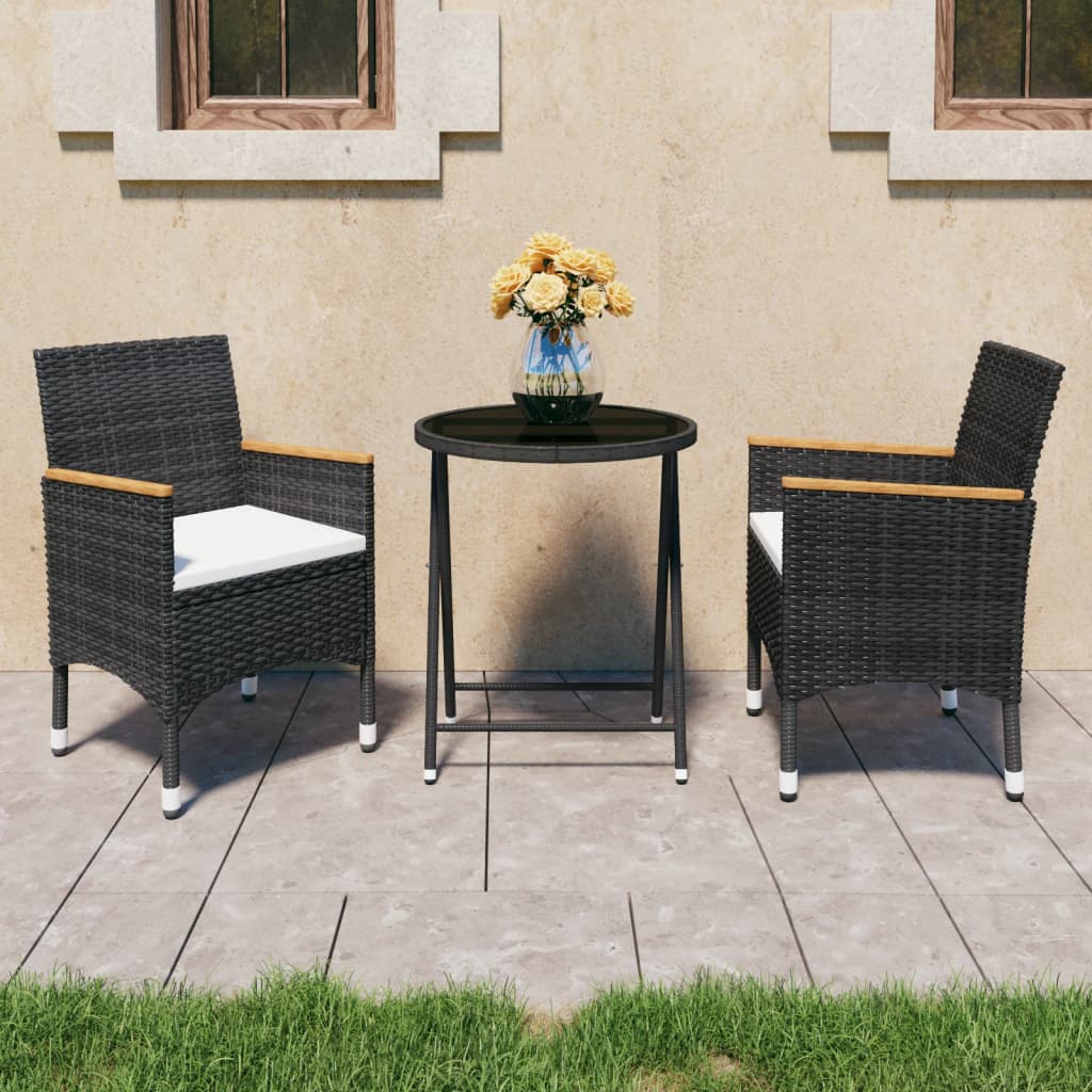 vidaXL Set mobilier bistro grădină 3 piese negru poliratan și sticlă
