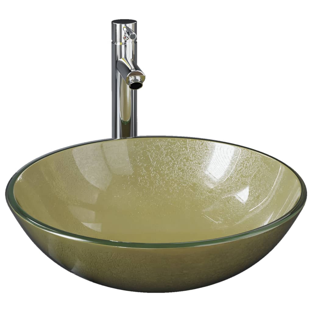 vidaXL Chiuvetă baie, robinet și scurgere tip push auriu sticlă călită