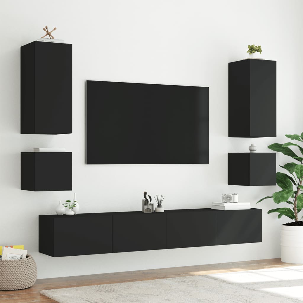 vidaXL Comode TV de perete cu lumini LED, 6 piese, negru