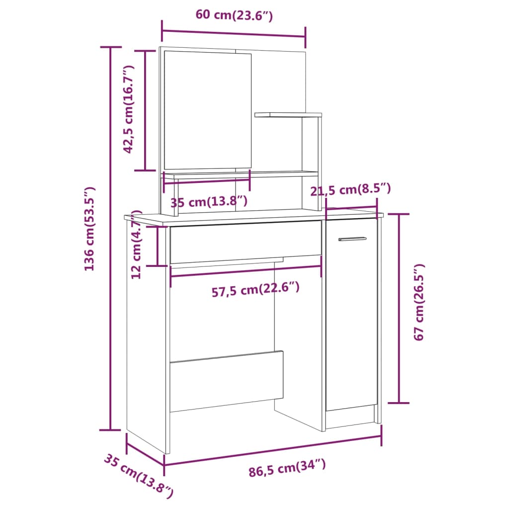 vidaXL Set măsuță de toaletă, gri sonoma, 86,5x35x136 cm