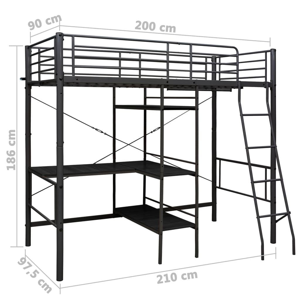 vidaXL Cadru de pat supraetajat cu masă, negru, 90 x 200 cm, metal