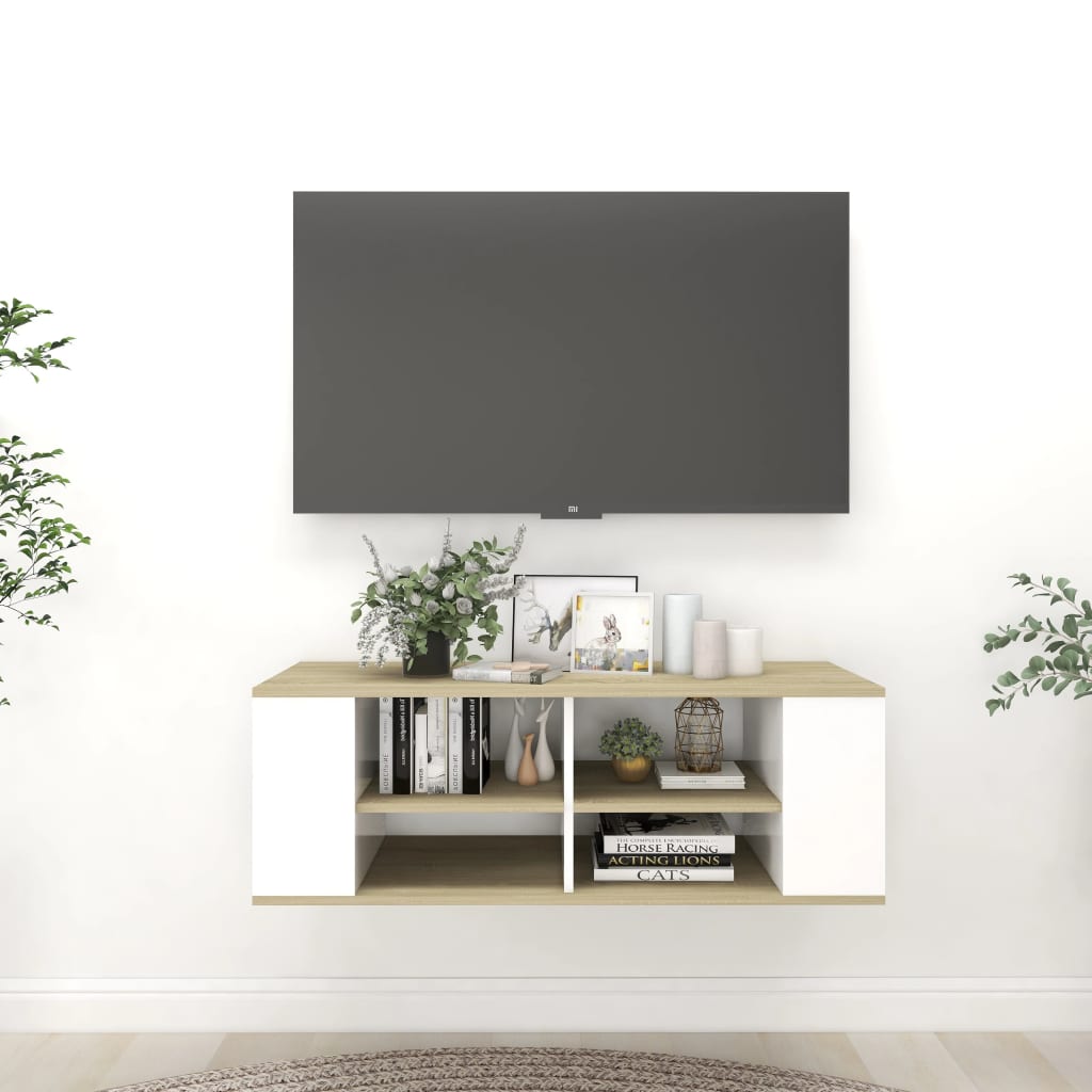 vidaXL Dulap TV montat pe perete, alb&stejar Sonoma, 102x35x35 cm, PAL