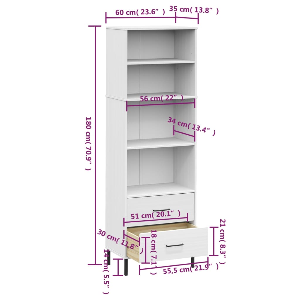 vidaXL Bibliotecă cu 2 sertare OSLO, alb, 60x35x180 cm, lemn masiv