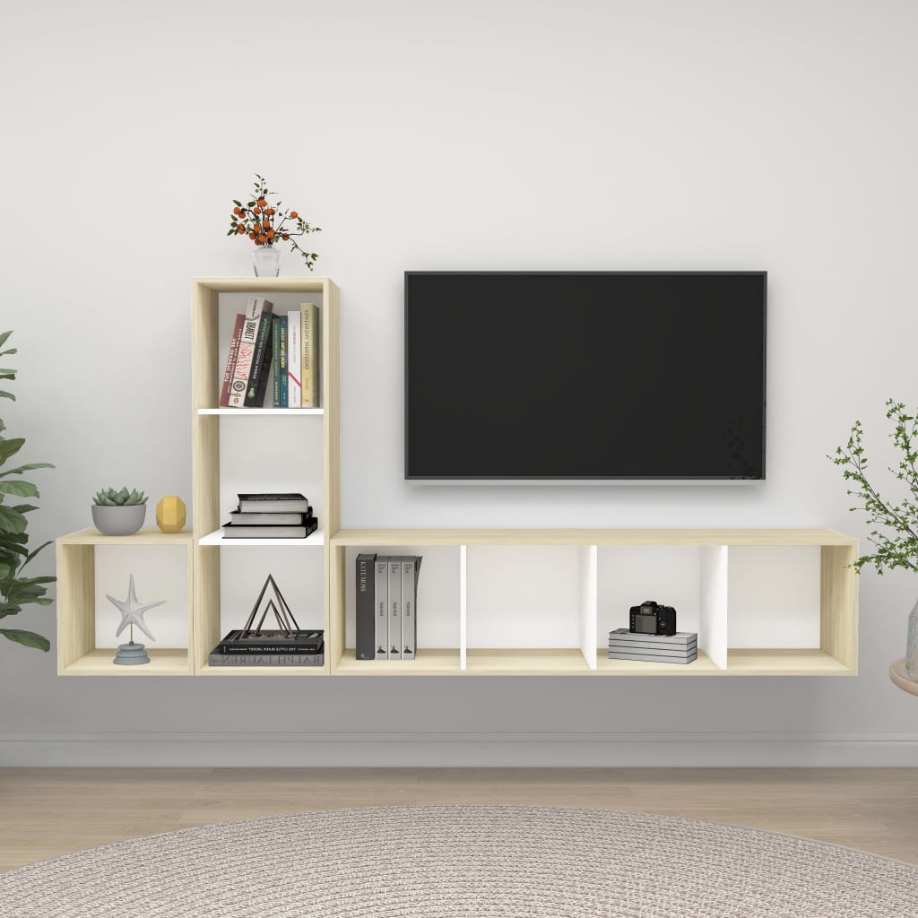 vidaXL Set dulapuri TV, 3 piese, alb și stejar sonoma, lemn prelucrat