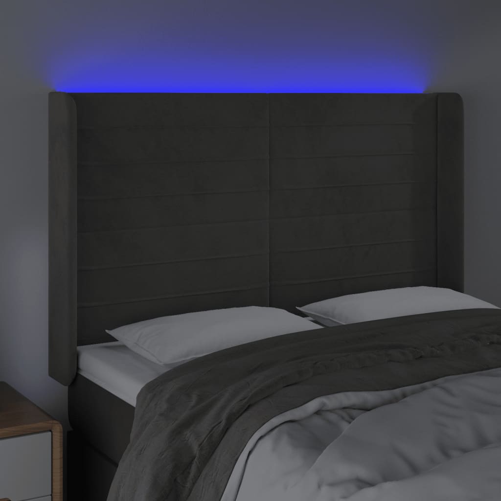 vidaXL Tăblie de pat cu LED, gri închis, 147x16x118/128 cm, catifea