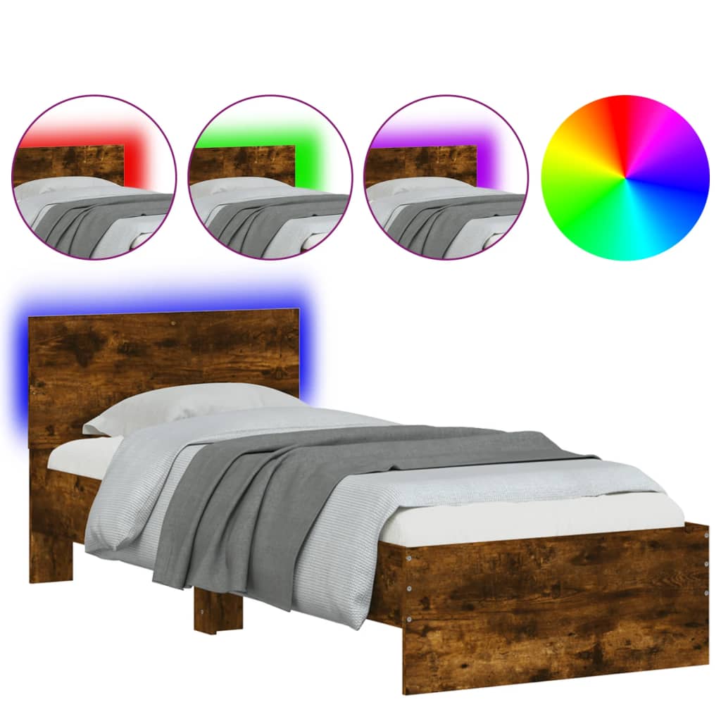 vidaXL Cadru de pat cu tăblie și lumini LED, stejar fumuriu, 75x190 cm