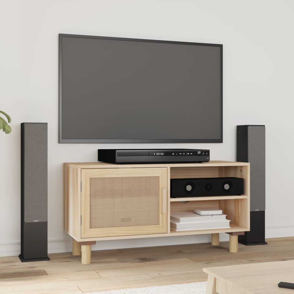 vidaXL Comodă TV, maro, 80x30x40 cm, lemn masiv pin și ratan natural