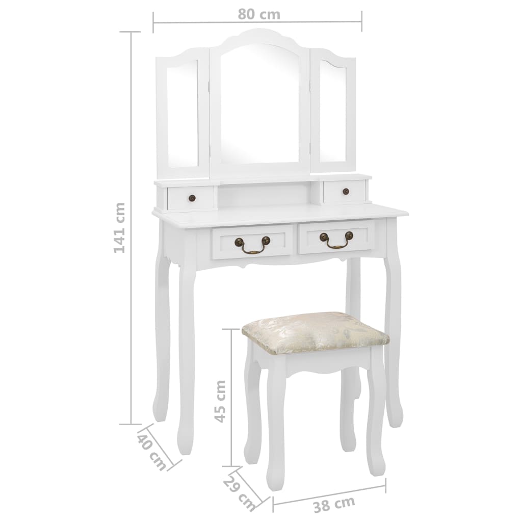 vidaXL Set masă de toaletă cu taburet alb 80x69x141 cm lemn paulownia