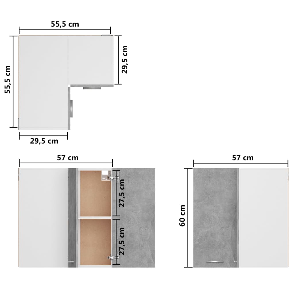 vidaXL Dulap suspendat de colț, gri beton, 57x57x60 cm, PAL