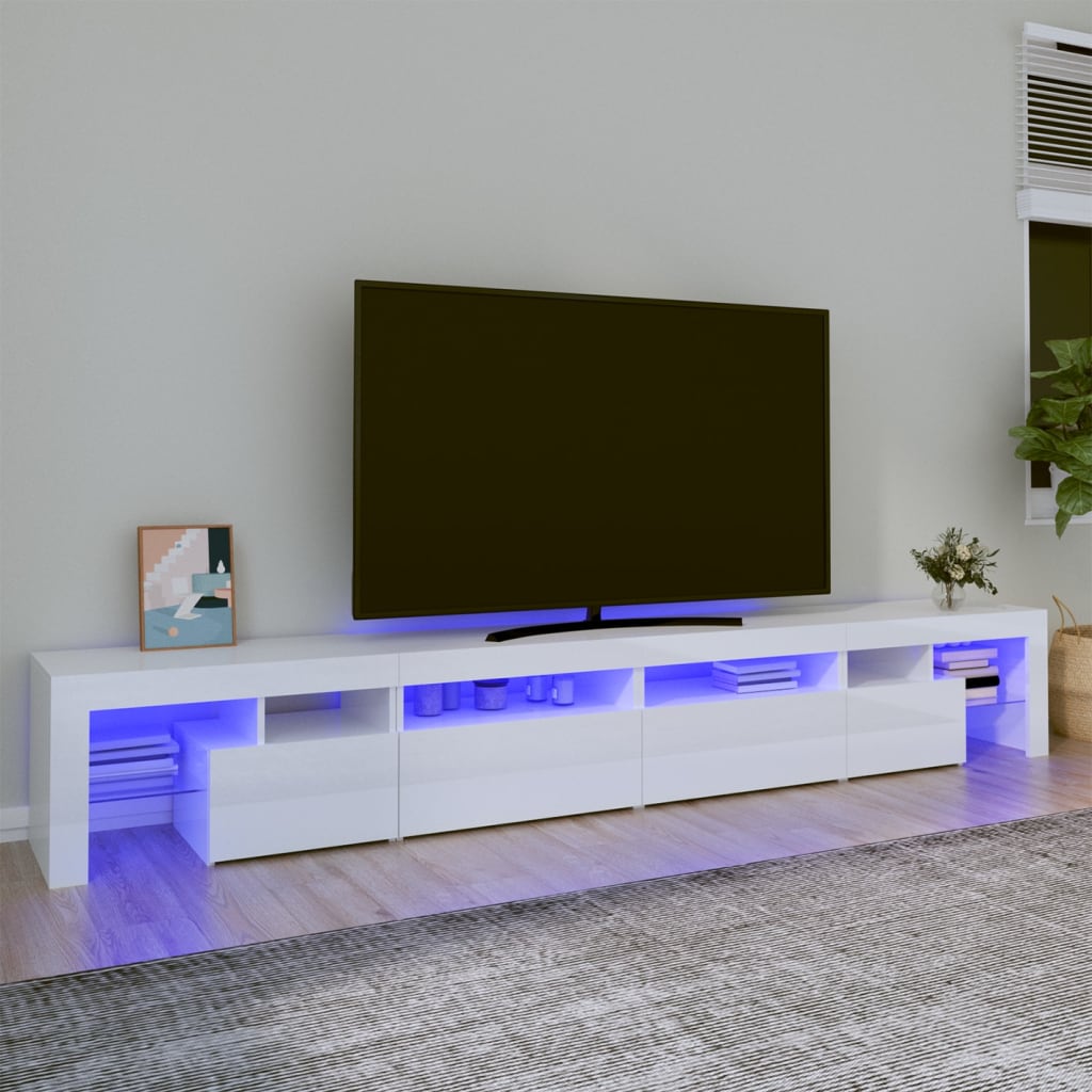 vidaXL Comodă TV cu lumini LED, alb extralucios, 260x36,5x40cm
