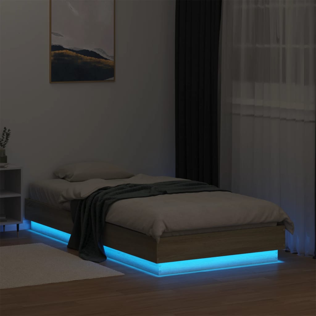 vidaXL Cadru de pat cu lumini LED, stejar sonoma, 90x190 cm