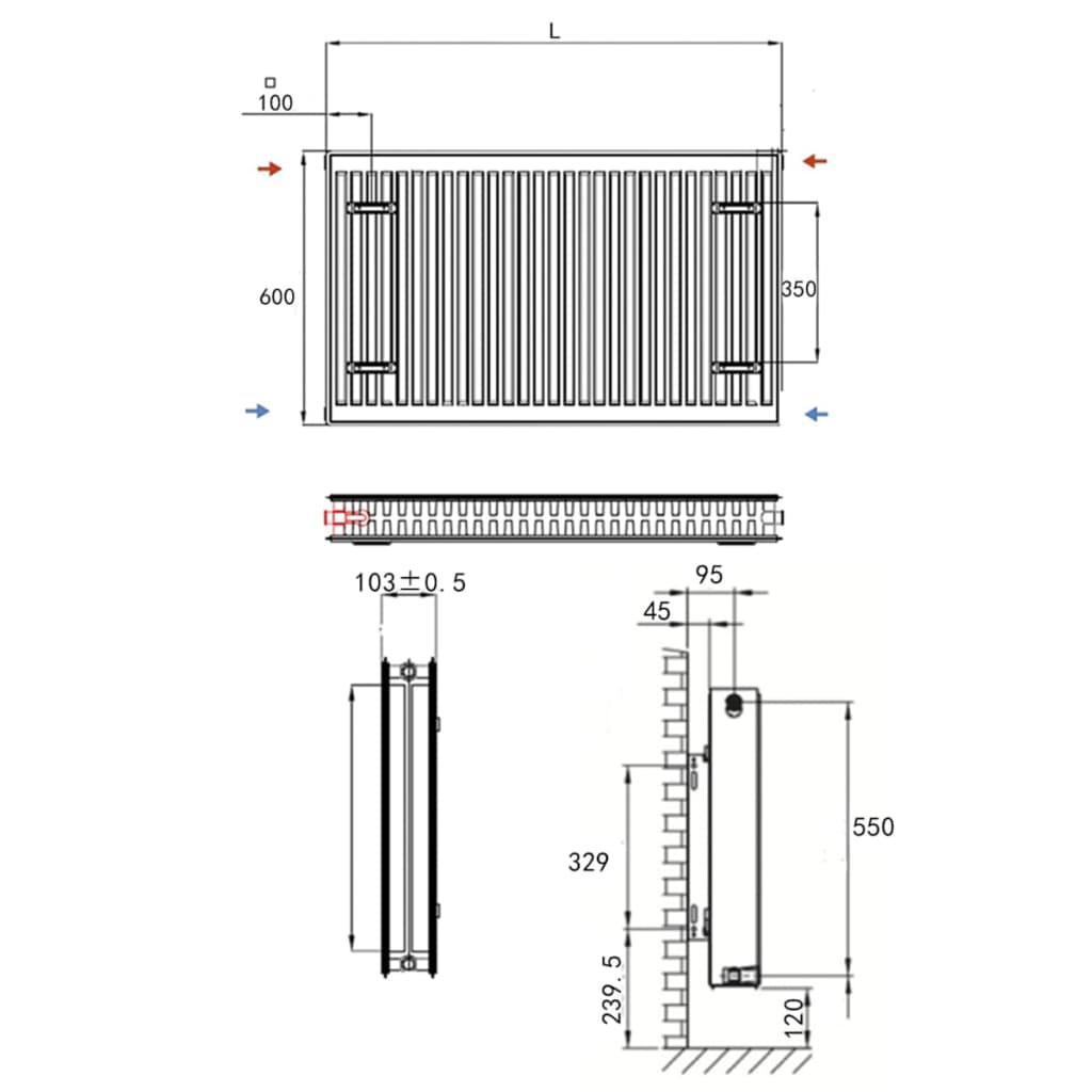 Conectori laterali pentru radiator compact, alb, 80 x 10 x 60 cm