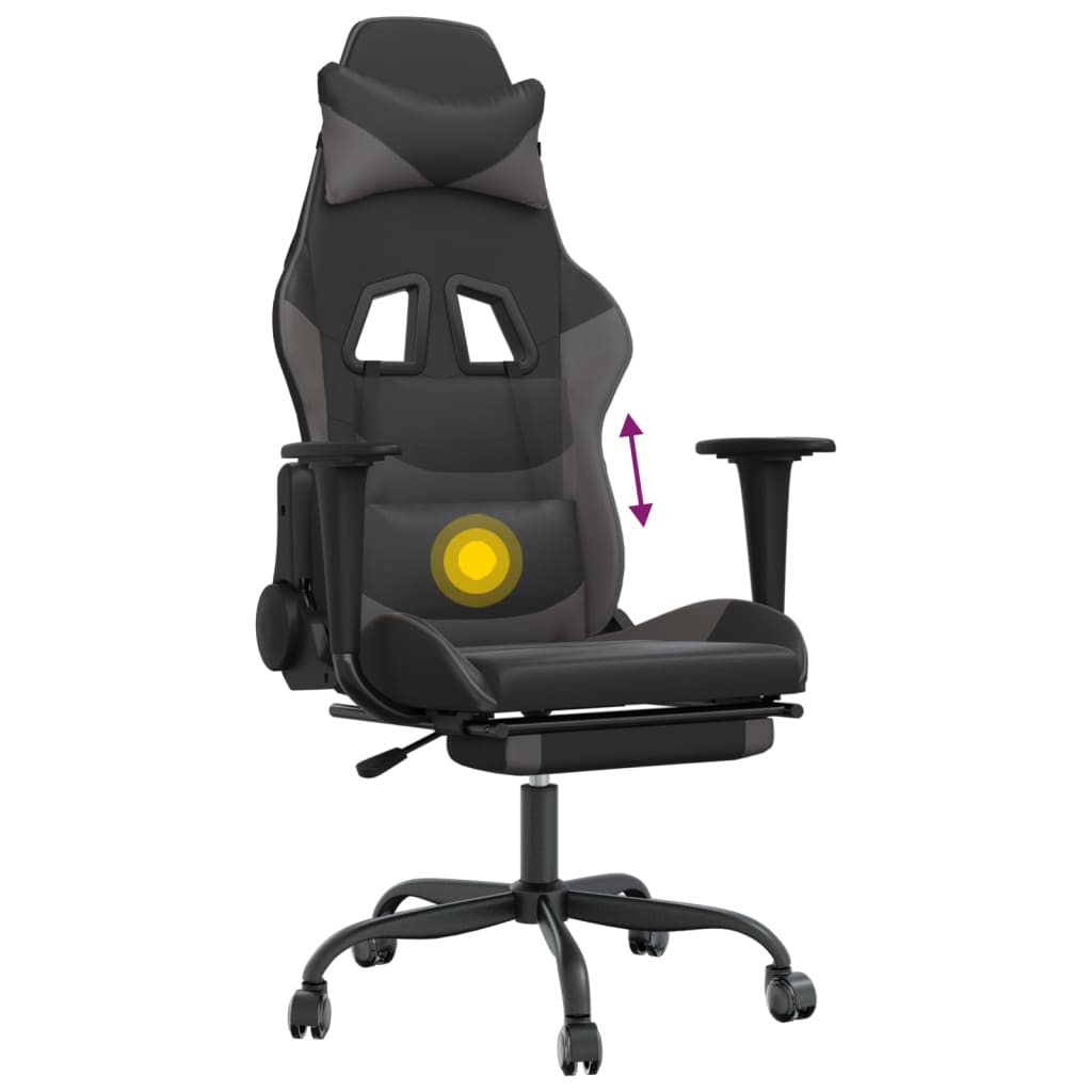 vidaXL Scaun de gaming cu masaj/suport picioare, negru/gri, piele eco