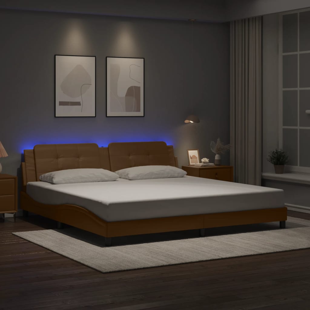 vidaXL Cadru de pat lumini LED, cappuccino, 200x200 cm piele ecologică