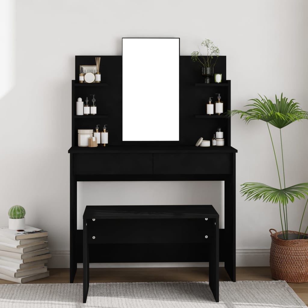 vidaXL Masă de toaletă cu oglindă, negru, 96x40x142 cm