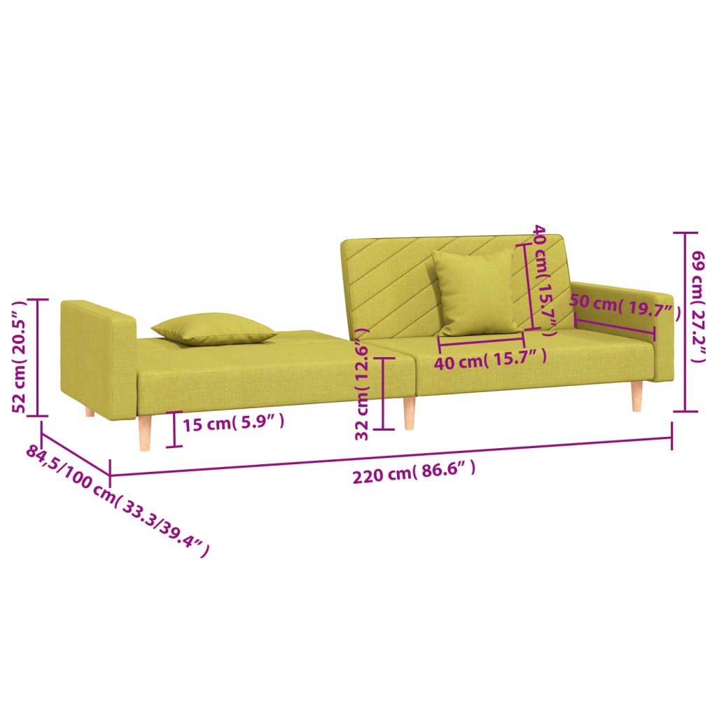 vidaXL Canapea extensibilă cu 2 locuri, 2 perne, verde, textil