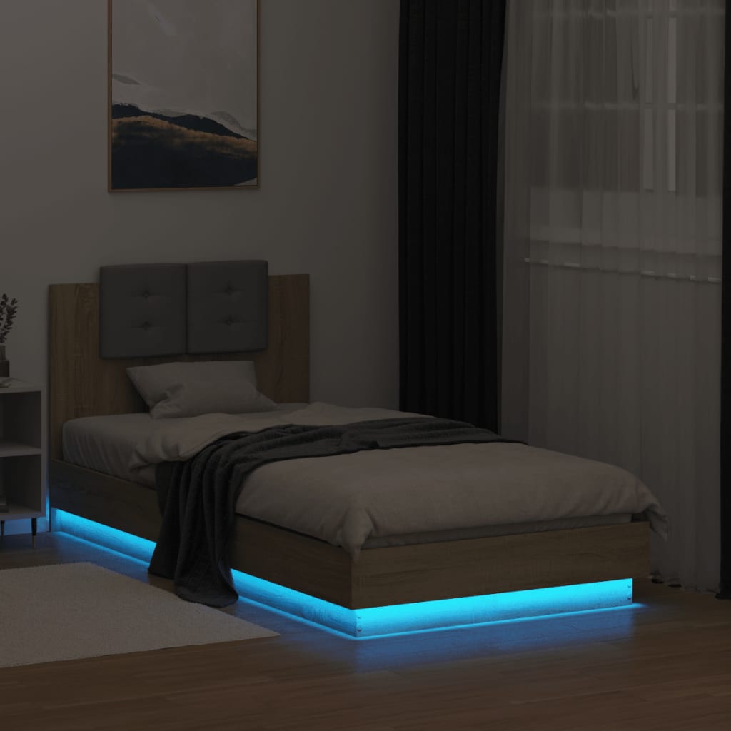 vidaXL Cadru de pat cu tăblie și lumini LED, stejar sonoma, 90x190 cm