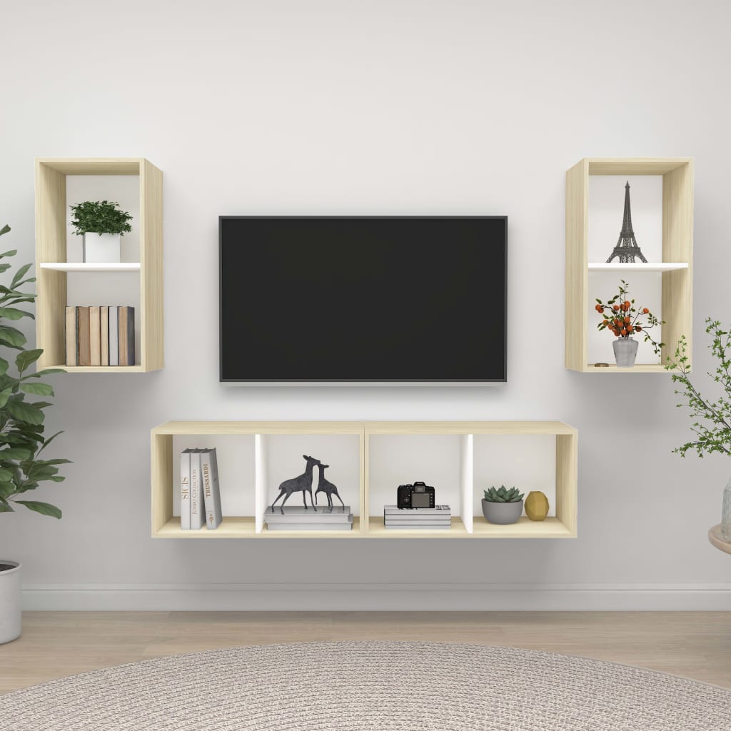 vidaXL Dulapuri TV montate pe perete, 4 buc., alb și stejar sonoma, PAL