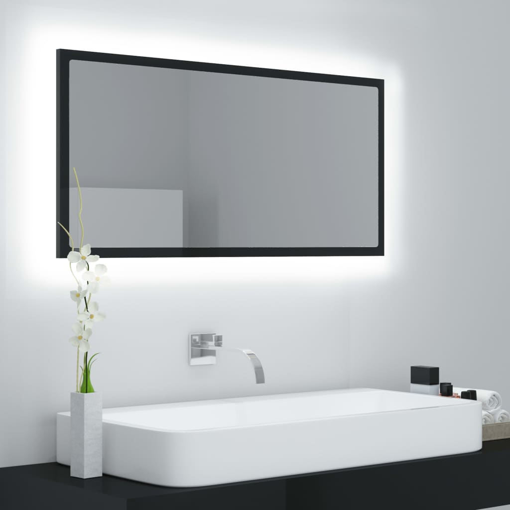 vidaXL Oglindă de baie cu LED, negru extralucios, 90x8,5x37 cm, acril