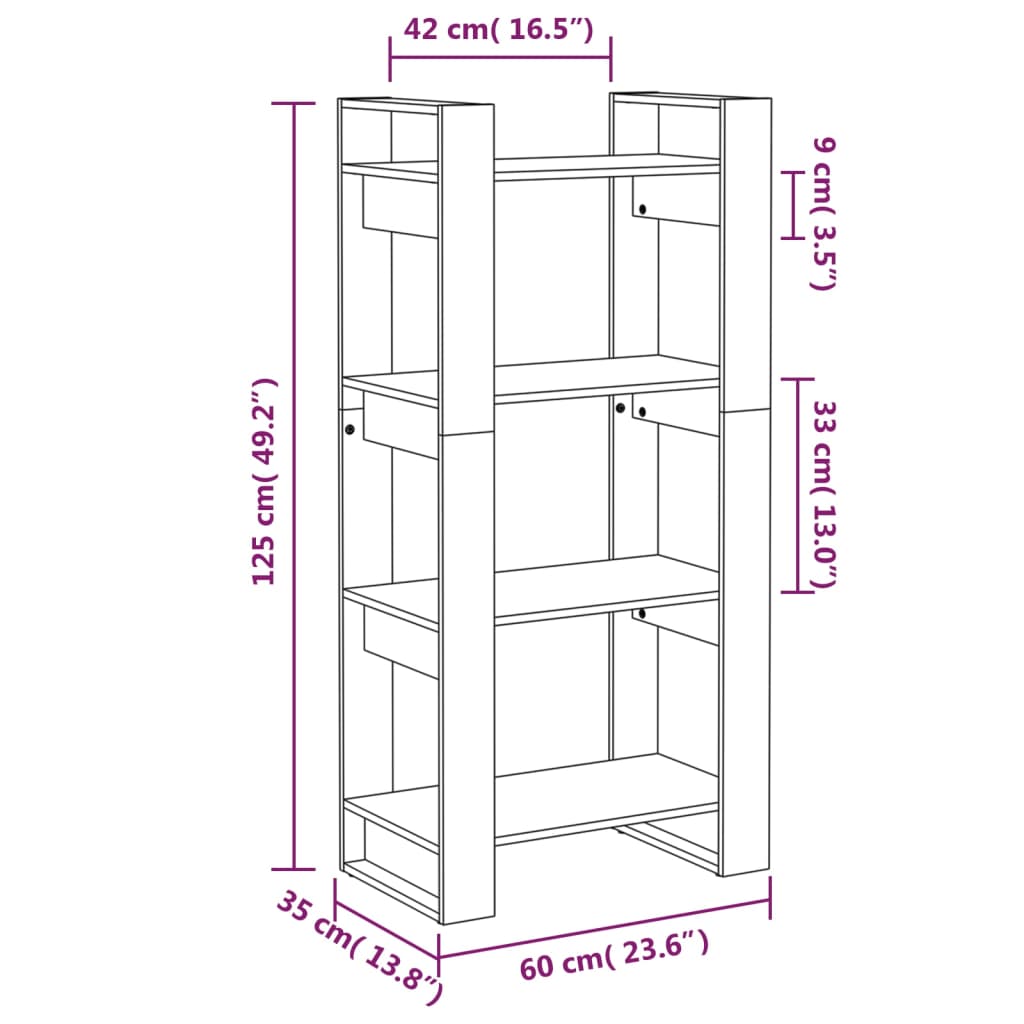 vidaXL Bibliotecă/Separator cameră,gri, 60x35x125 cm, lemn masiv pin