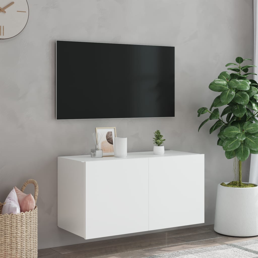 vidaXL Comodă TV de perete cu lumini LED, alb, 80x35x41 cm