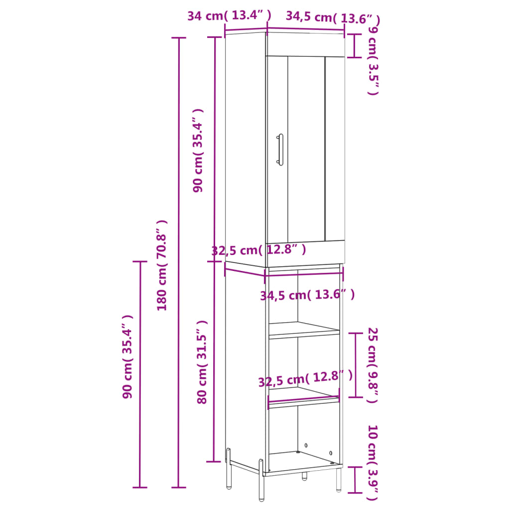 vidaXL Dulap înalt, alb extralucios, 34,5x34x180 cm, lemn prelucrat