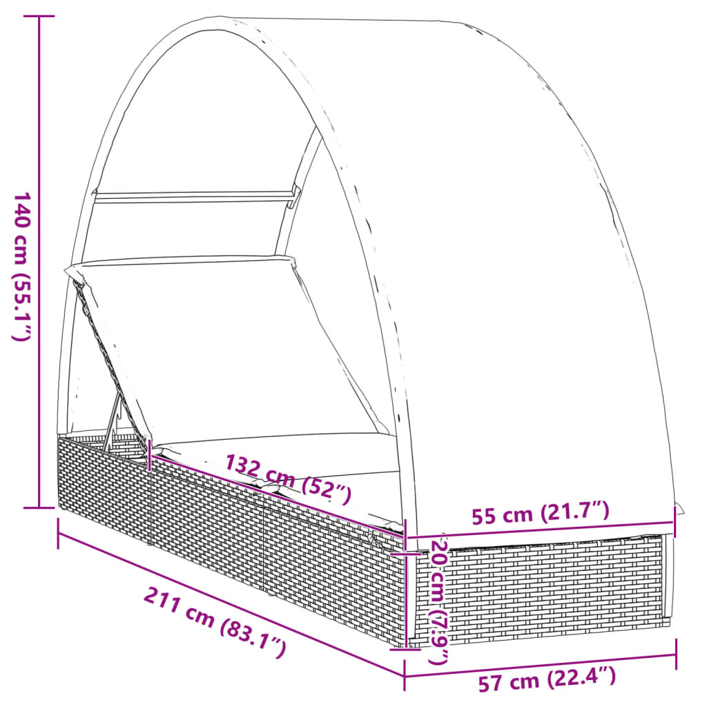 vidaXL Șezlong cu acoperiș rotund, maro, 211x57x140 cm, poliratan