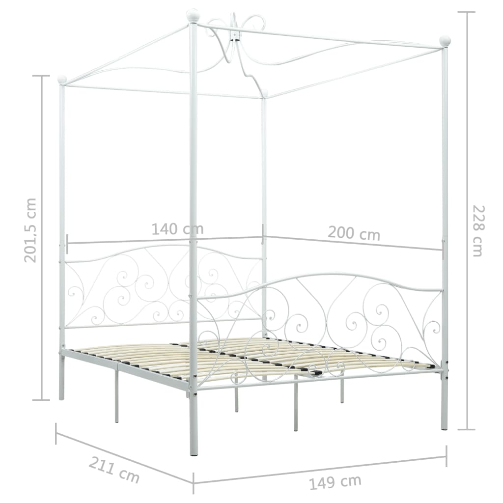 vidaXL Cadru de pat cu baldachin, alb, 140 x 200 cm, metal