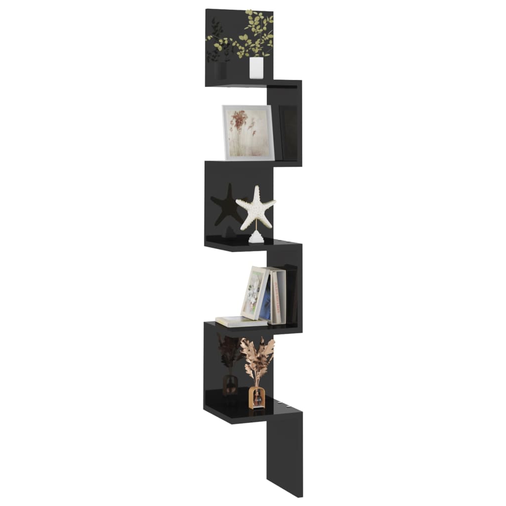 vidaXL Raft de perete de colț, negru extralucios, 20x20x127,5 cm, PAL