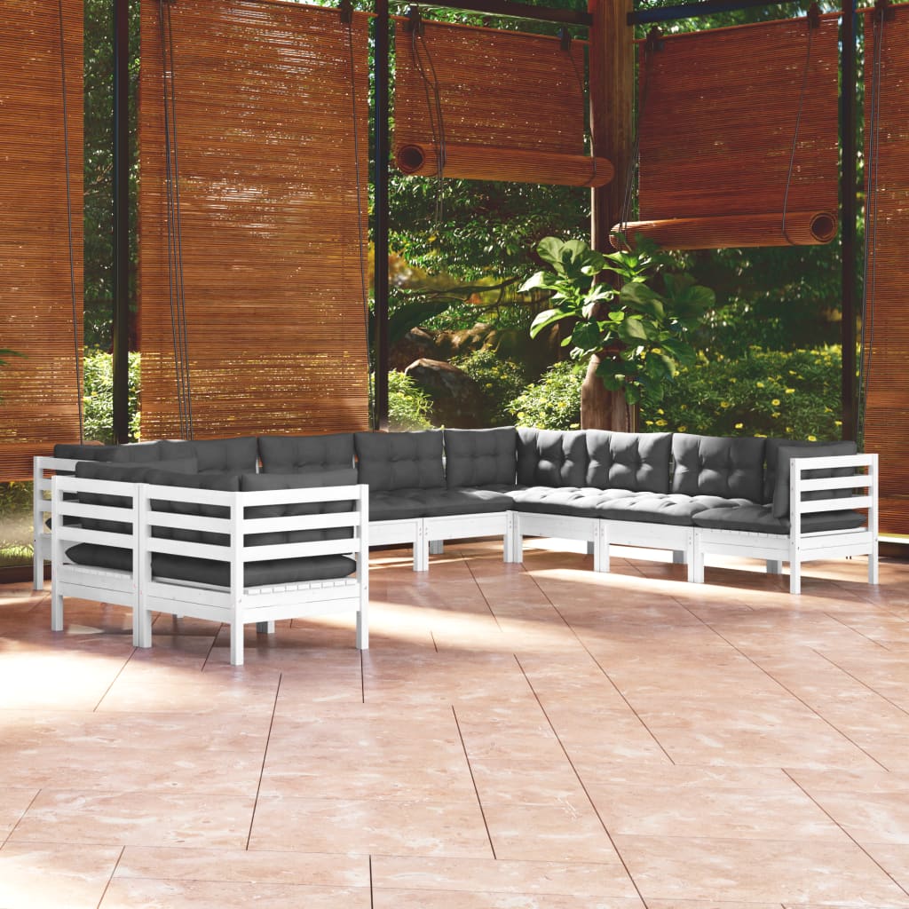 vidaXL Set mobilier grădină cu perne, 10 piese, alb, lemn masiv de pin