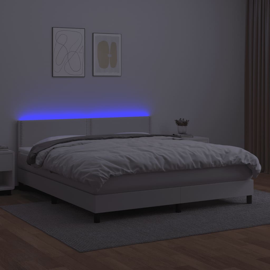 vidaXL Pat cu arcuri, saltea și LED, alb, 180x200 cm, piele ecologică