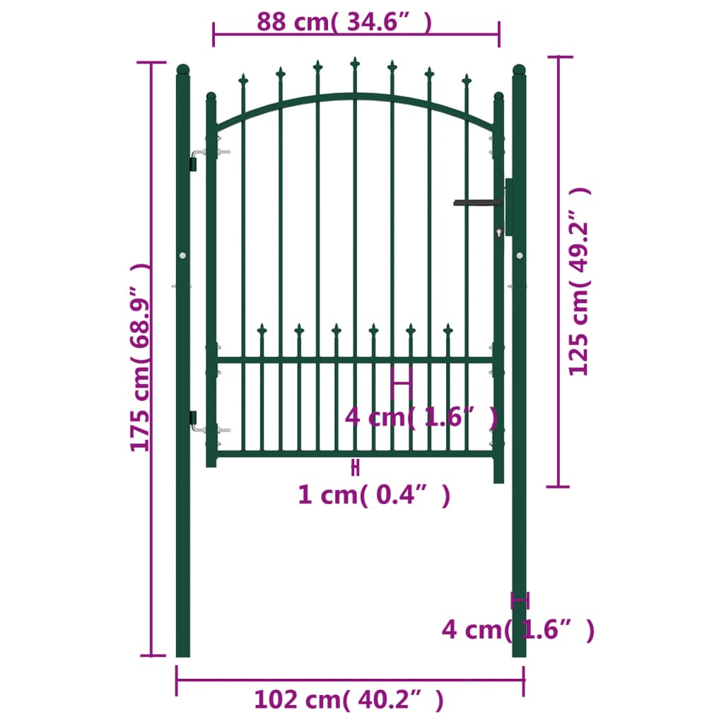 vidaXL Poartă de gard cu țepușe, verde, 100x125 cm, oțel