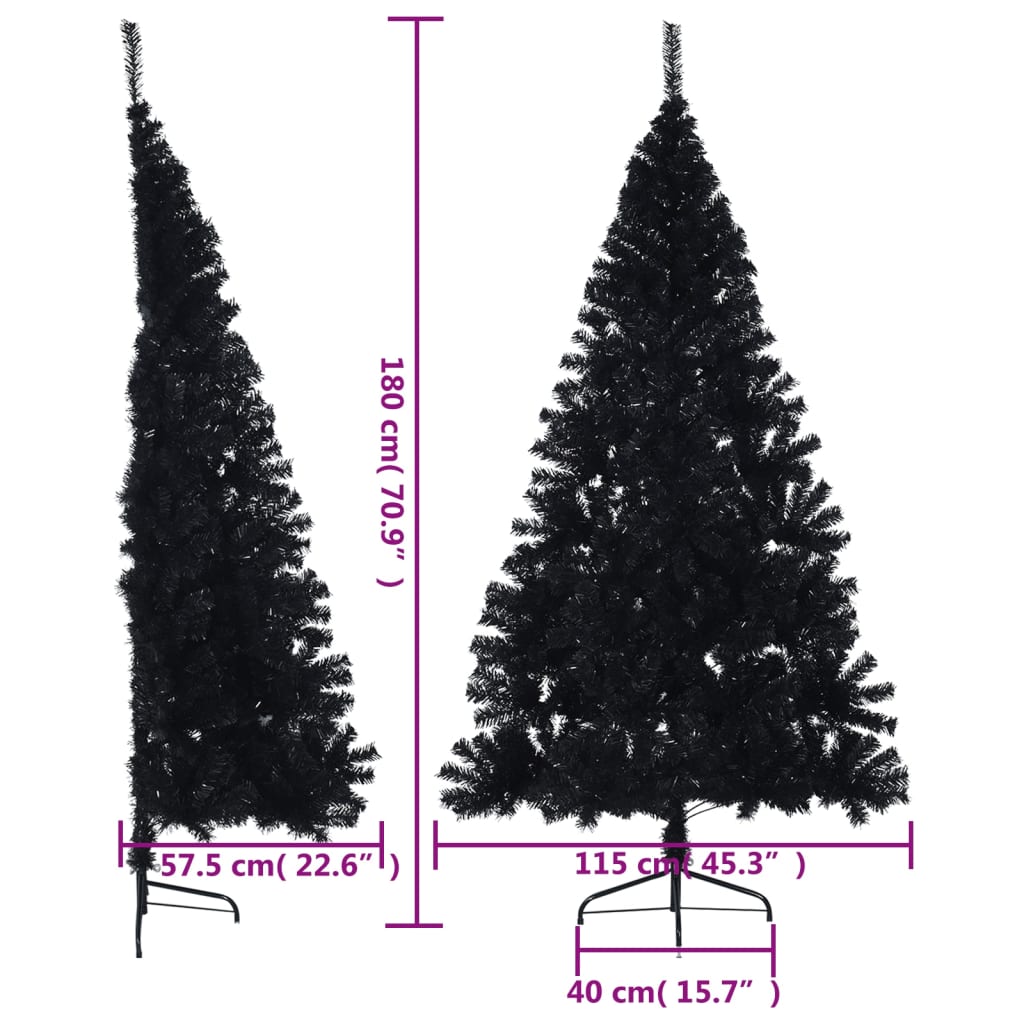 vidaXL Jumătate brad de Crăciun artificial cu suport, negru 180 cm PVC