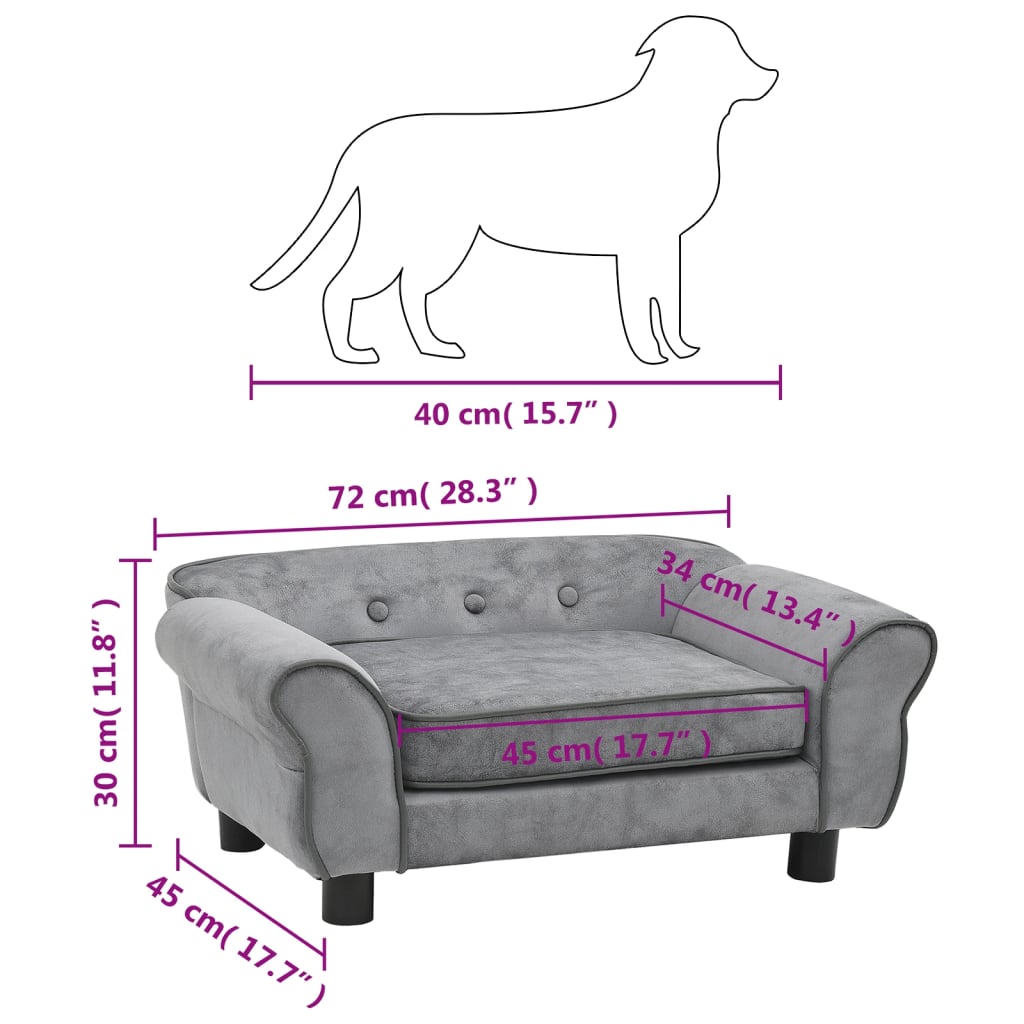 vidaXL Canapea pentru câini, gri, 72 x 45 x 30 cm, pluș