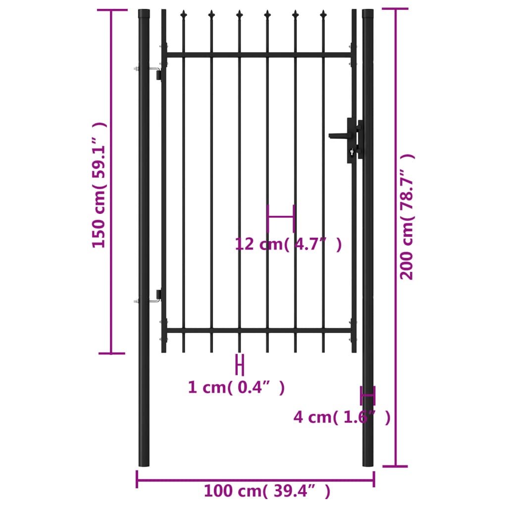 vidaXL Poartă de gard cu o ușă, vârf ascuțit, negru, 1 x 1,5 m, oțel
