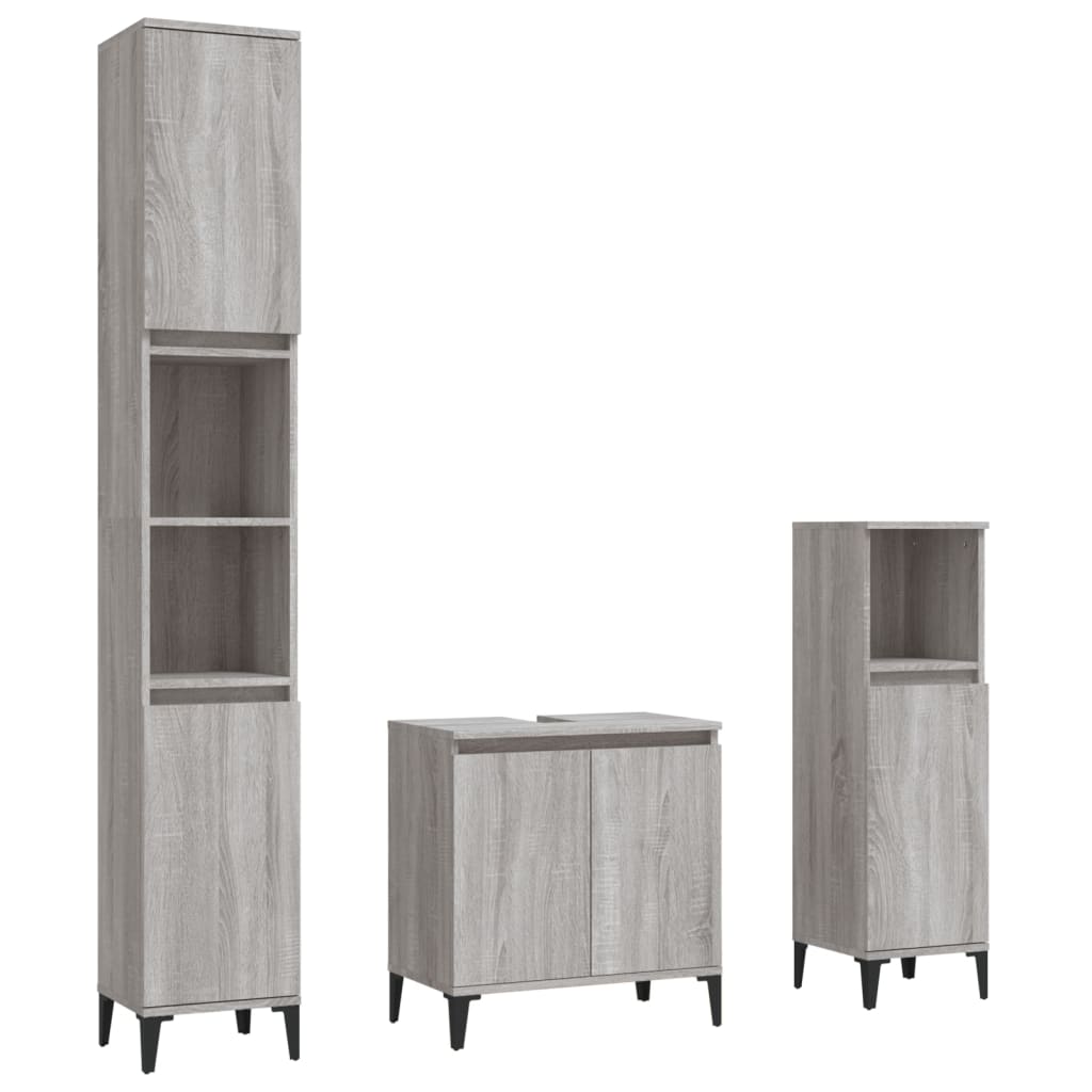 vidaXL Set mobilier de baie, 3 piese, gri sonoma, lemn prelucrat