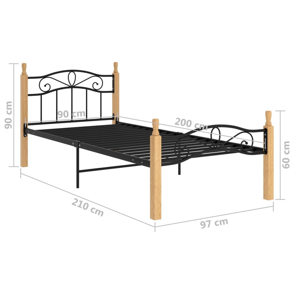 vidaXL Cadru de pat, negru, 90x200 cm, metal și lemn masiv de stejar