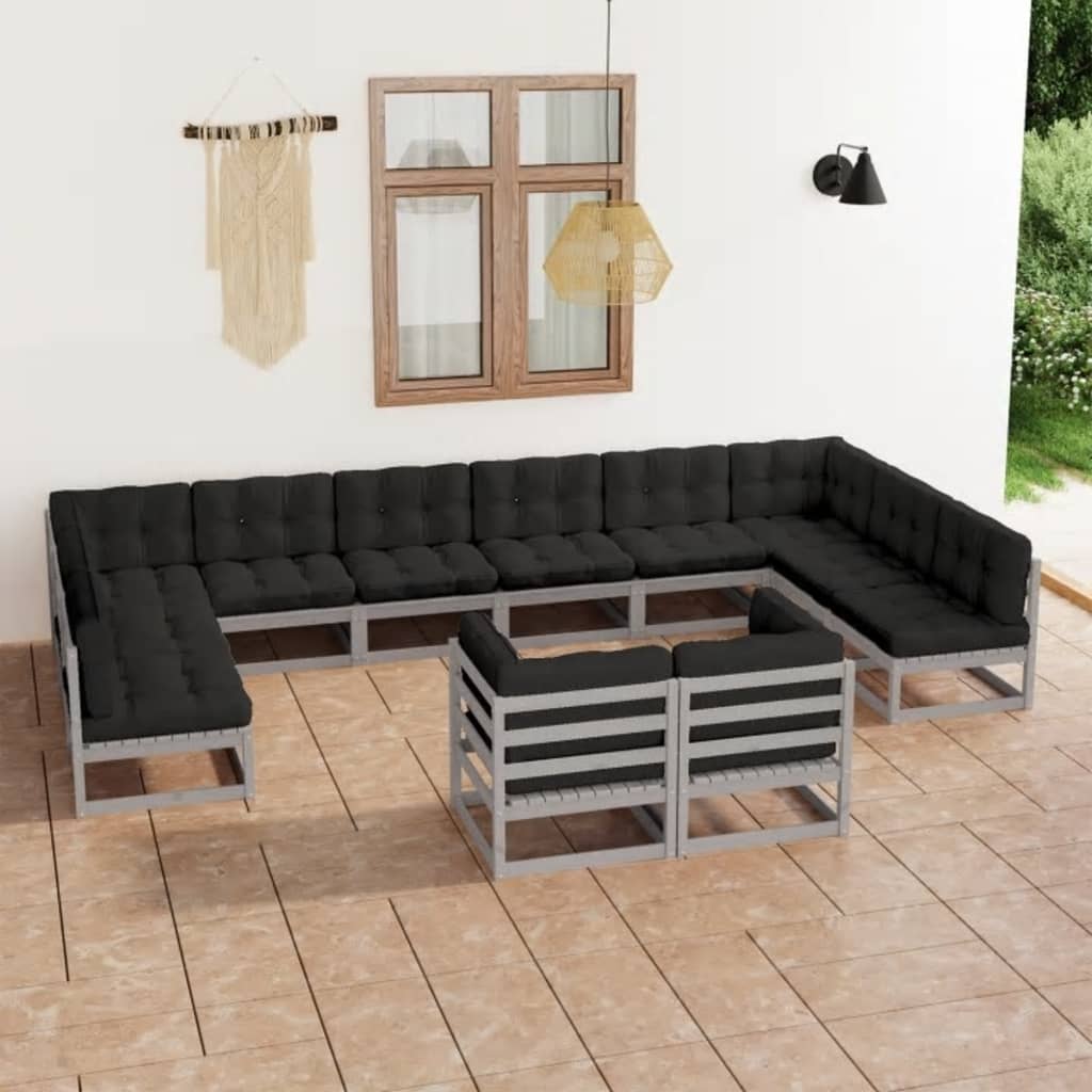 vidaXL Set mobilier de grădină cu perne 12 piese gri lemn masiv pin