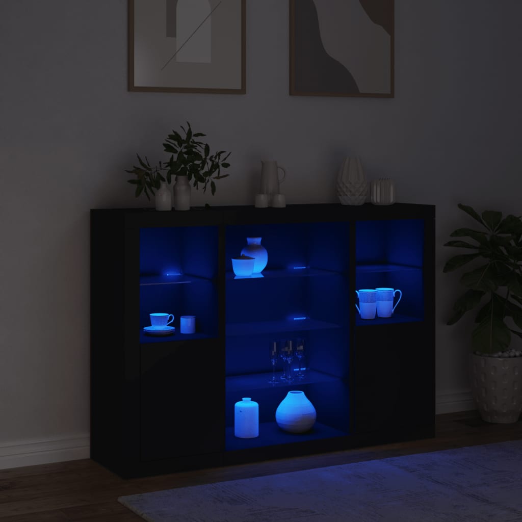 vidaXL Servantă cu lumini LED, 3 buc., negru, lemn prelucrat