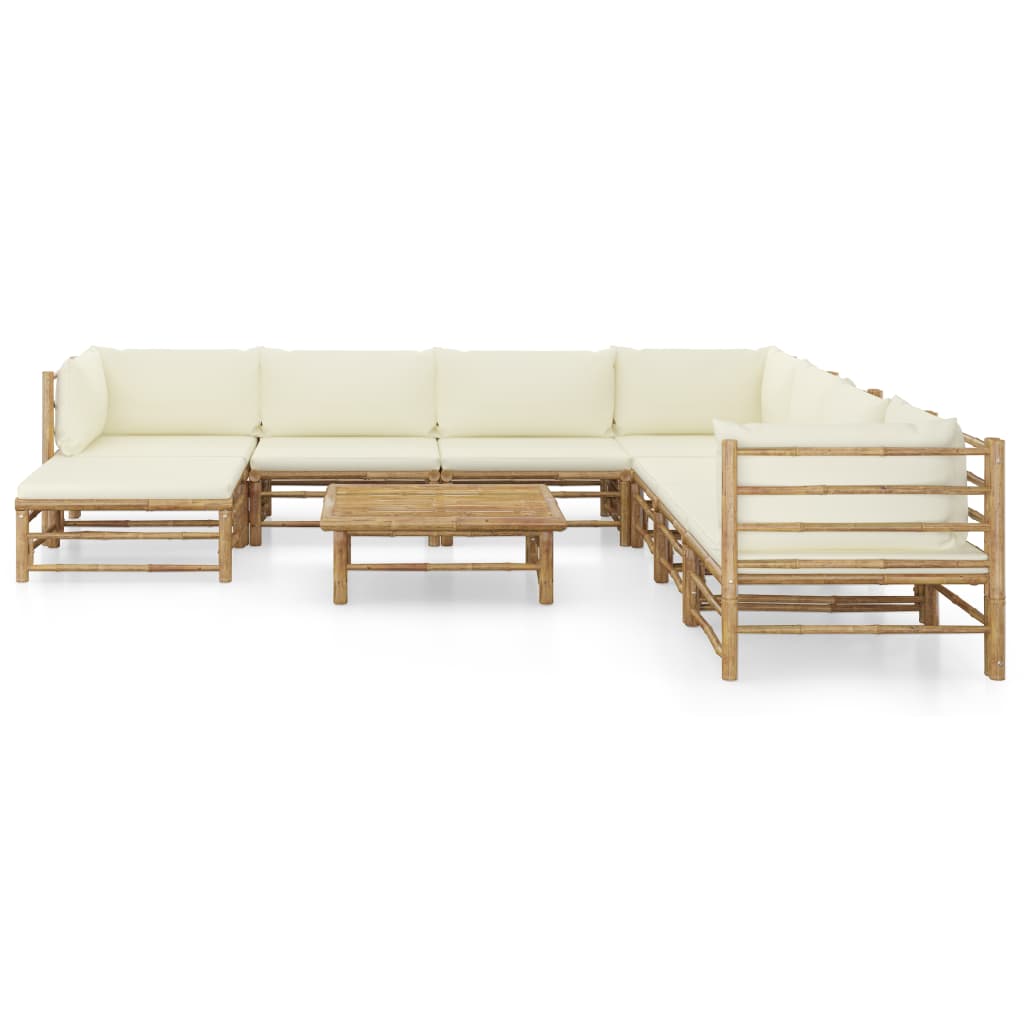 vidaXL Set mobilier de grădină, cu perne alb crem, 9 piese, bambus
