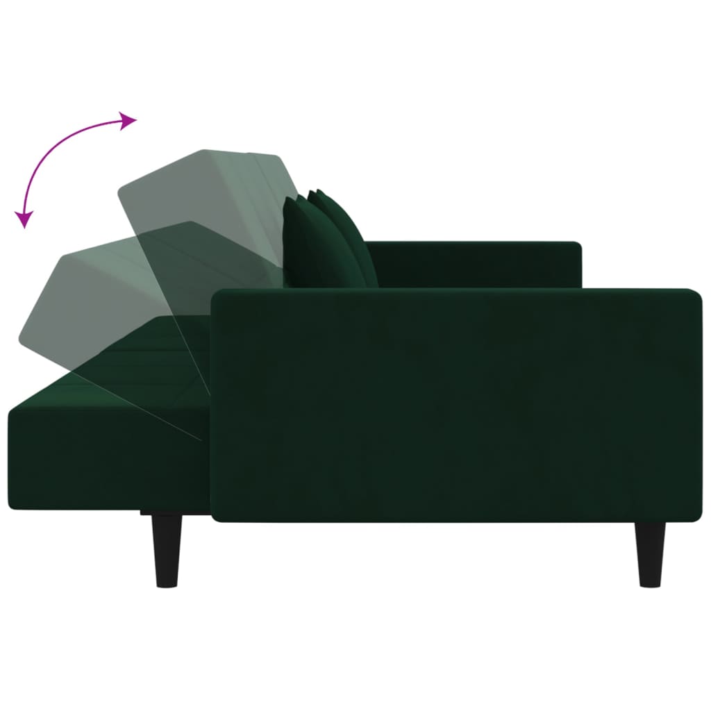 vidaXL Canapea extensibilă cu 2 locuri, 2 perne, verde închis, catifea