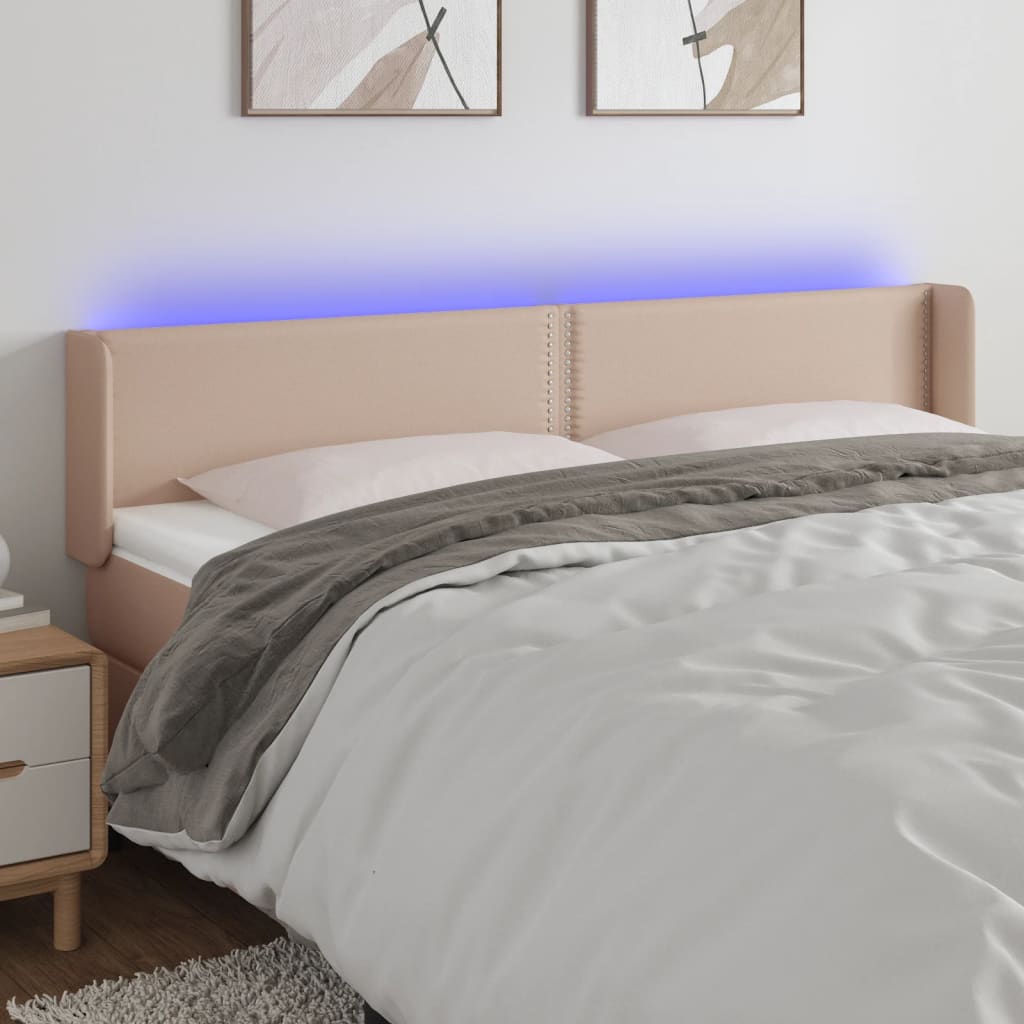 vidaXL Tăblie de pat cu LED, cappuccino 203x16x78/88cm piele ecologică