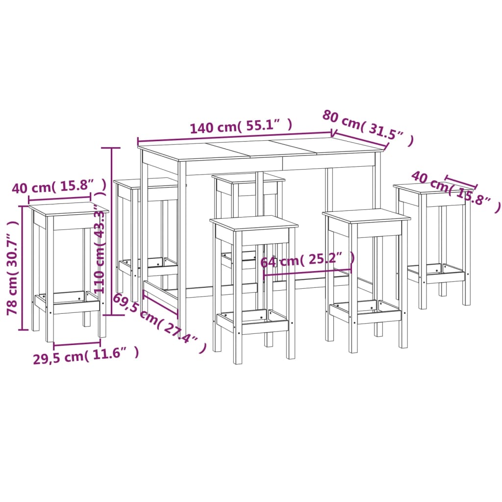 vidaXL Set mobilier de bar, 7 piese, gri, lemn masiv de pin