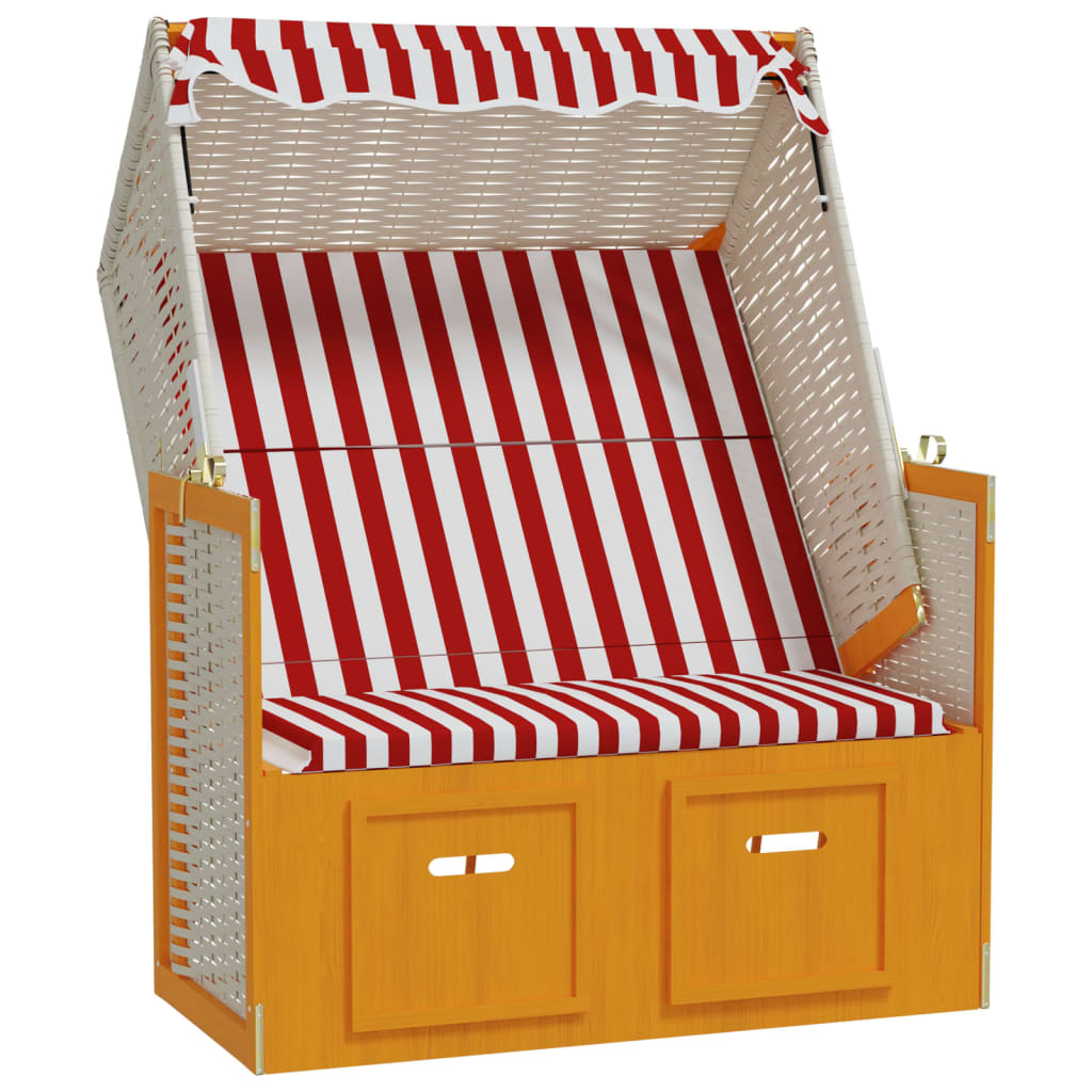 vidaXL Scaun de plajă cu baldachin, roșu/alb, poliratan și lemn masiv