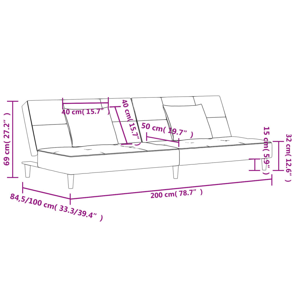 vidaXL Canapea extensibilă cu 2 locuri, 2 perne, roz, catifea