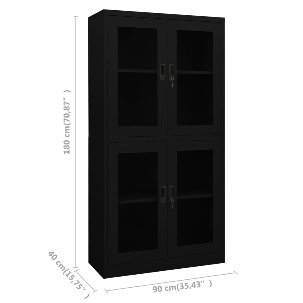 vidaXL Dulap de birou, negru, 90x40x180 cm, oțel/sticlă securizată