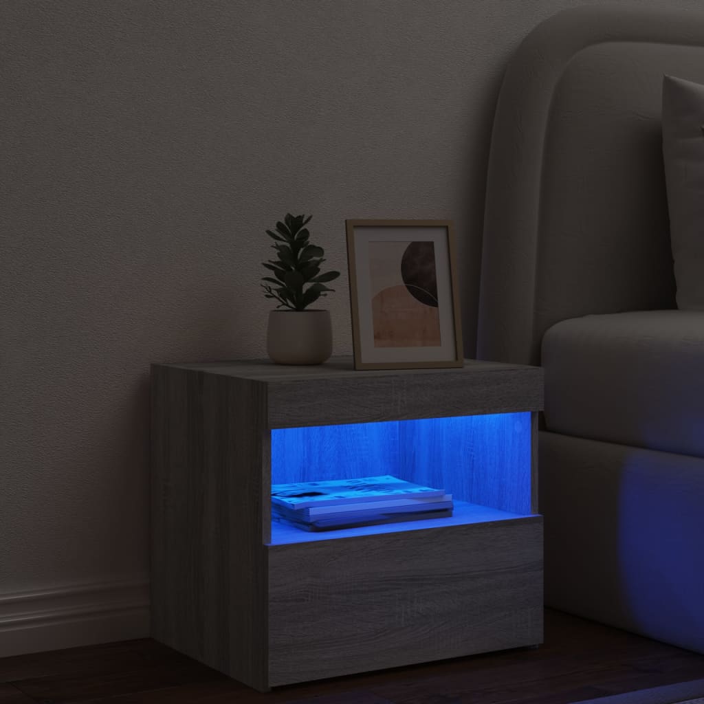 vidaXL Noptieră cu lumini LED, gri sonoma, 50x40x45 cm
